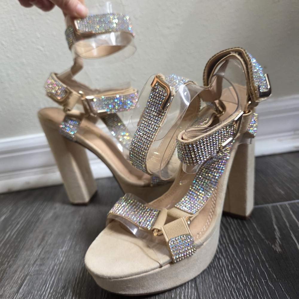 Fashion Nova Tan and Silver Block Heel Sandals